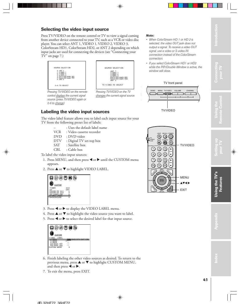 Labeling the video input sources, Selecting the video input source | Toshiba 32HF72 User Manual | Page 41 / 55