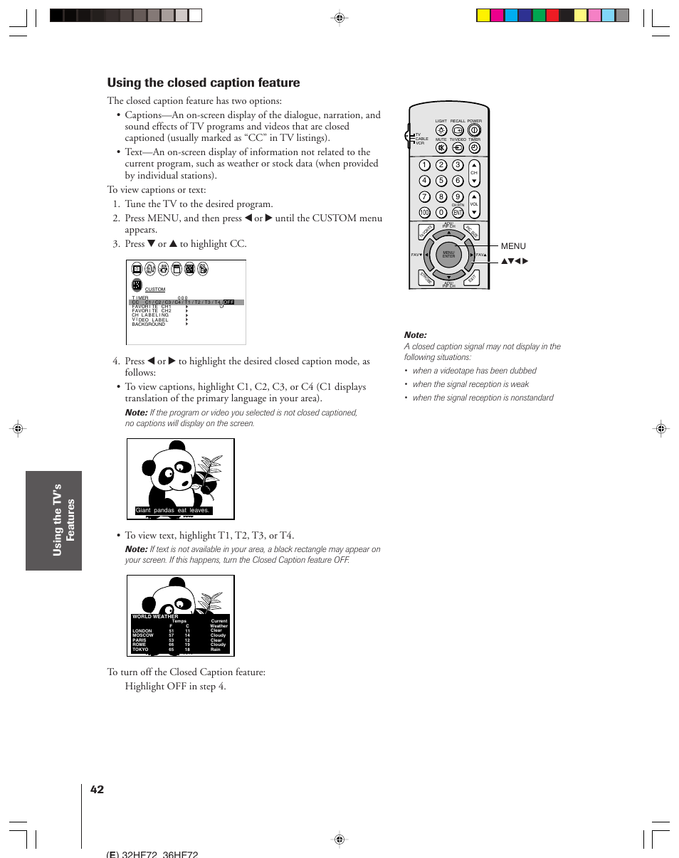 Using the closed caption feature | Toshiba 32HF72 User Manual | Page 42 / 55