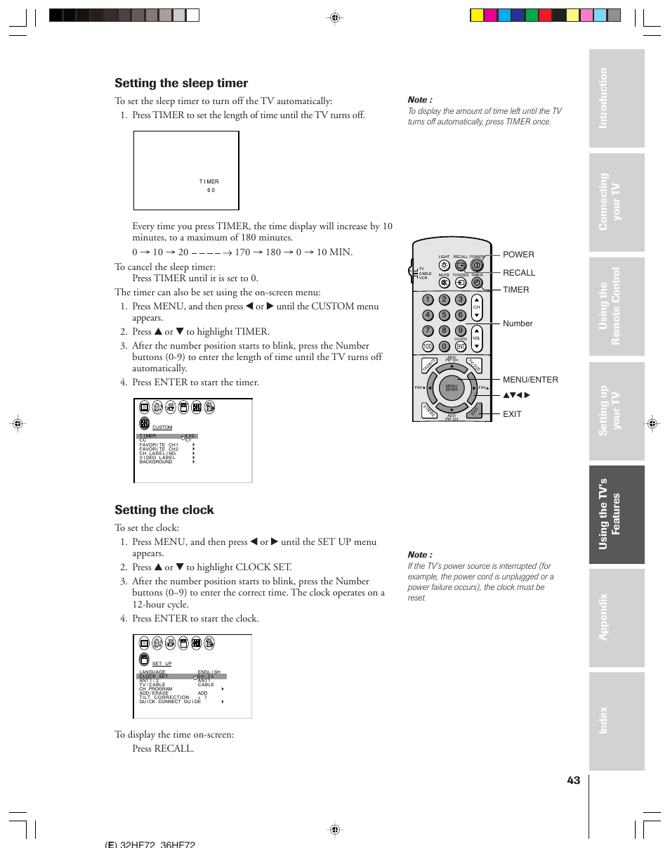 Setting the sleeper timer and clock, Setting the sleep timer, Setting the clock | Toshiba 32HF72 User Manual | Page 43 / 55