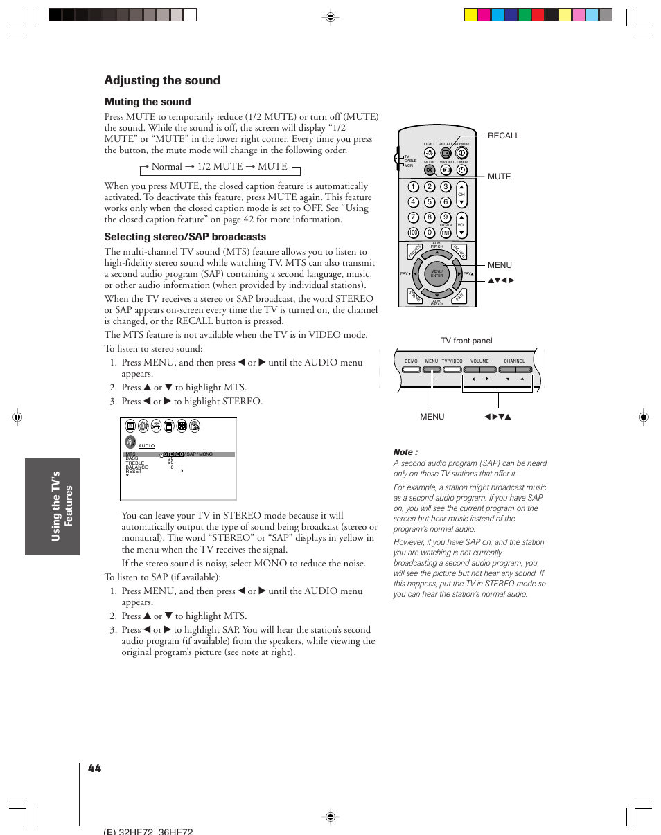 Adjusting the sound, Muting the sound, Selecting stereo/sap broadcasts | Toshiba 32HF72 User Manual | Page 44 / 55