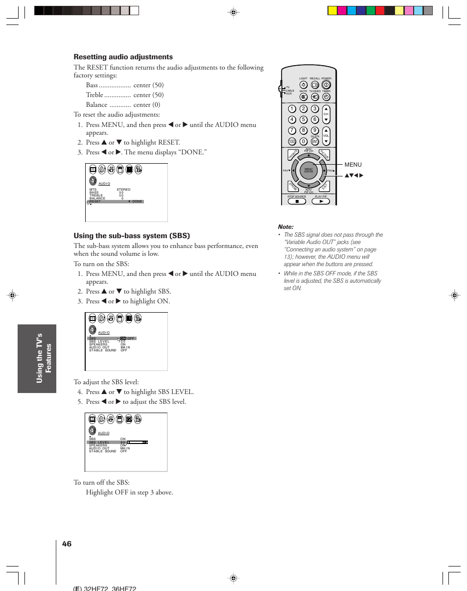 Resetting audio adjustments, Using the sub-bass system (sbs) | Toshiba 32HF72 User Manual | Page 46 / 55