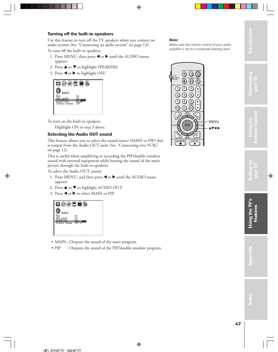 Turning off the built-in speakers, Selecting the audio out sound | Toshiba 32HF72 User Manual | Page 47 / 55