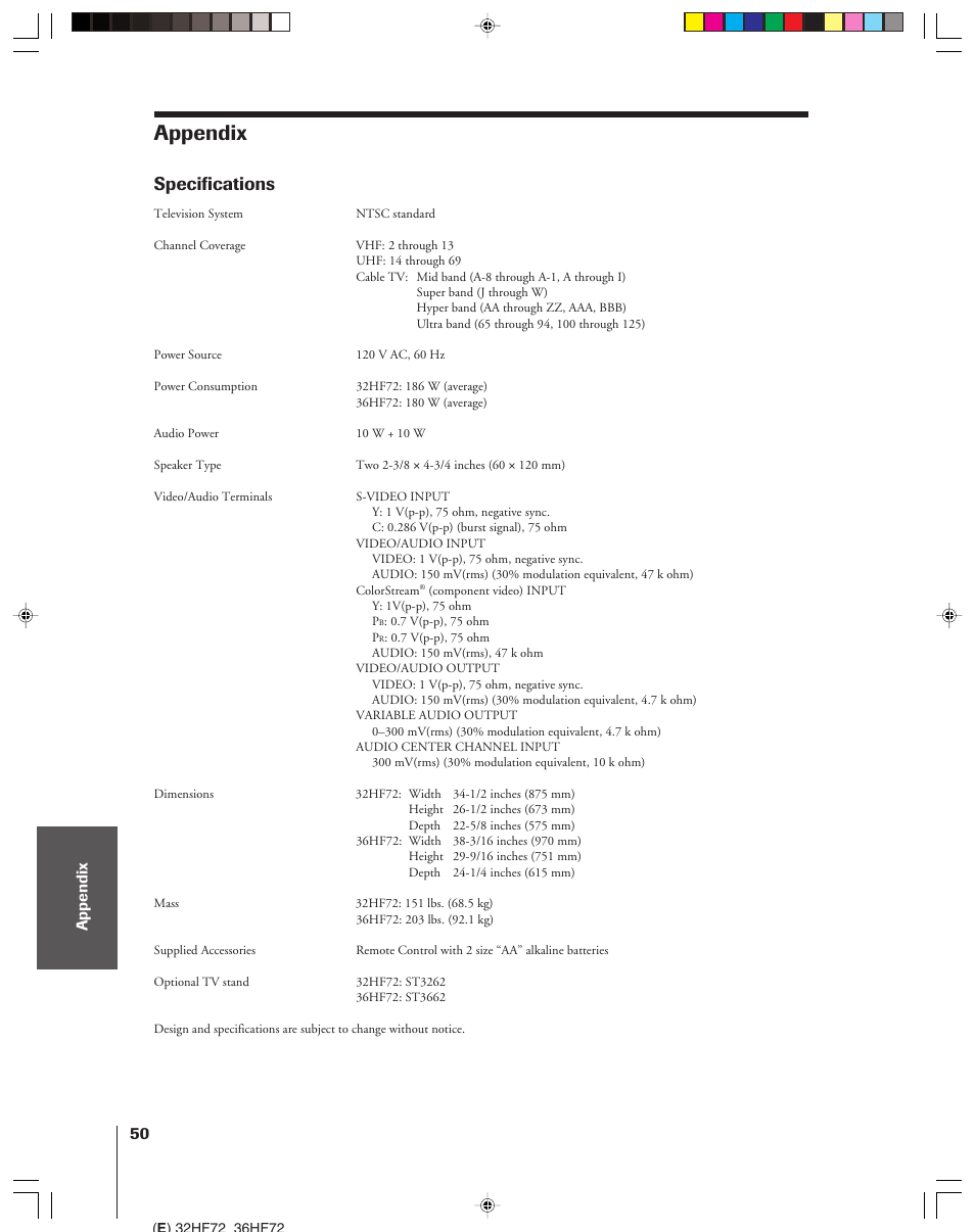 Appendix, Specifications | Toshiba 32HF72 User Manual | Page 50 / 55