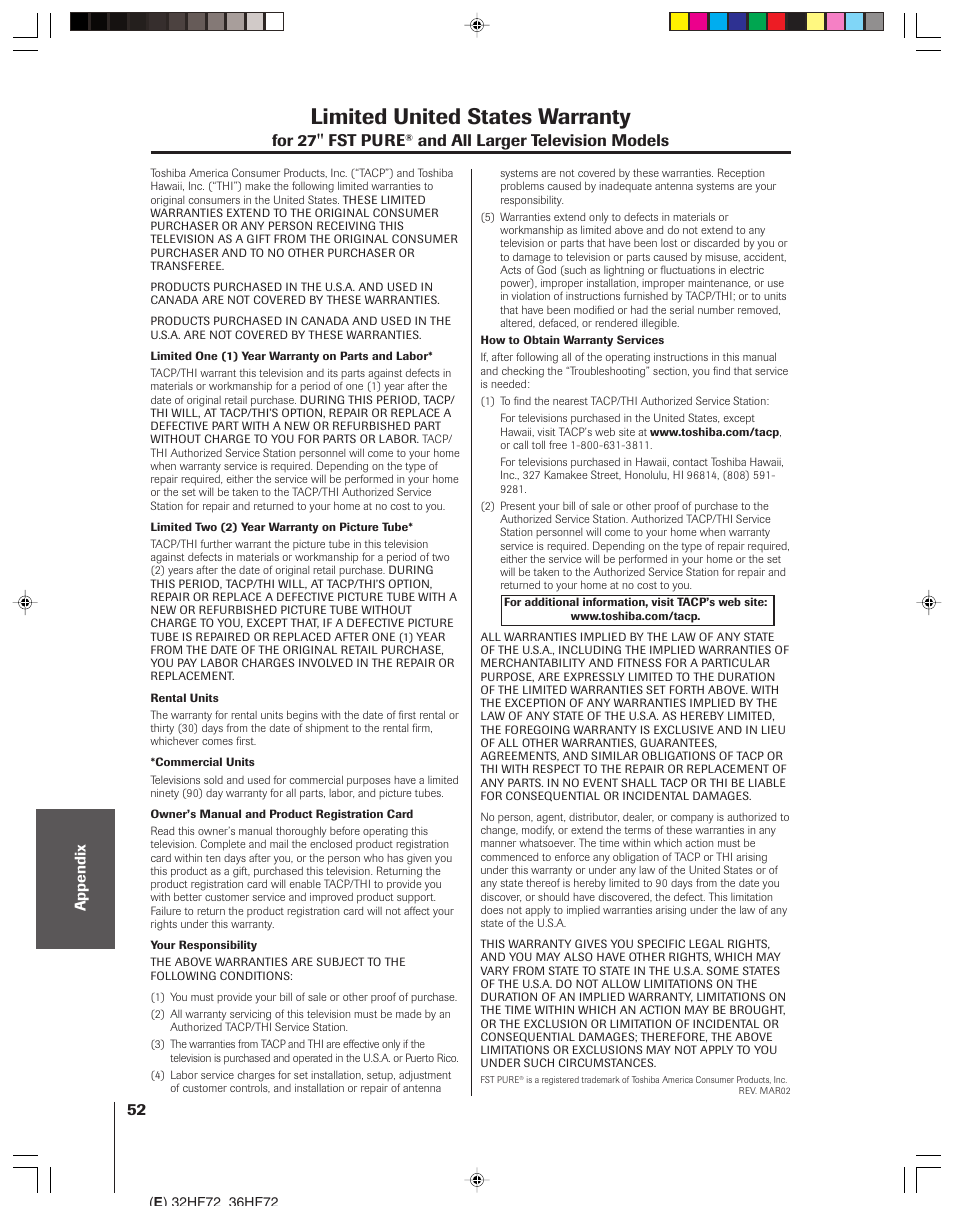 Limited warranty for the united states, Limited united states warranty, For 27'' fst pure | And all larger television models | Toshiba 32HF72 User Manual | Page 52 / 55