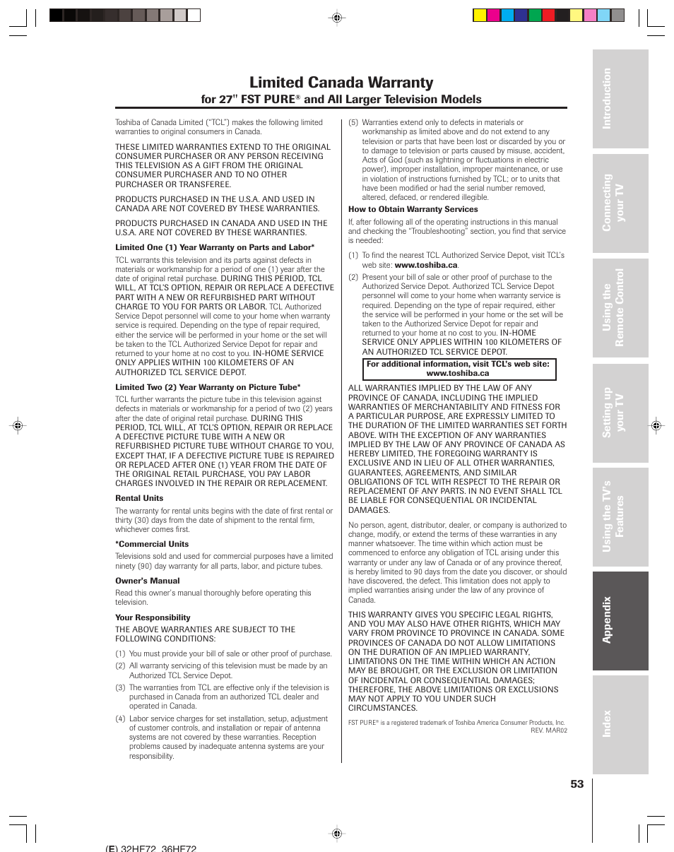 Limited warranty for canada, Limited canada warranty, For 27'' fst pure | And all larger television models | Toshiba 32HF72 User Manual | Page 53 / 55