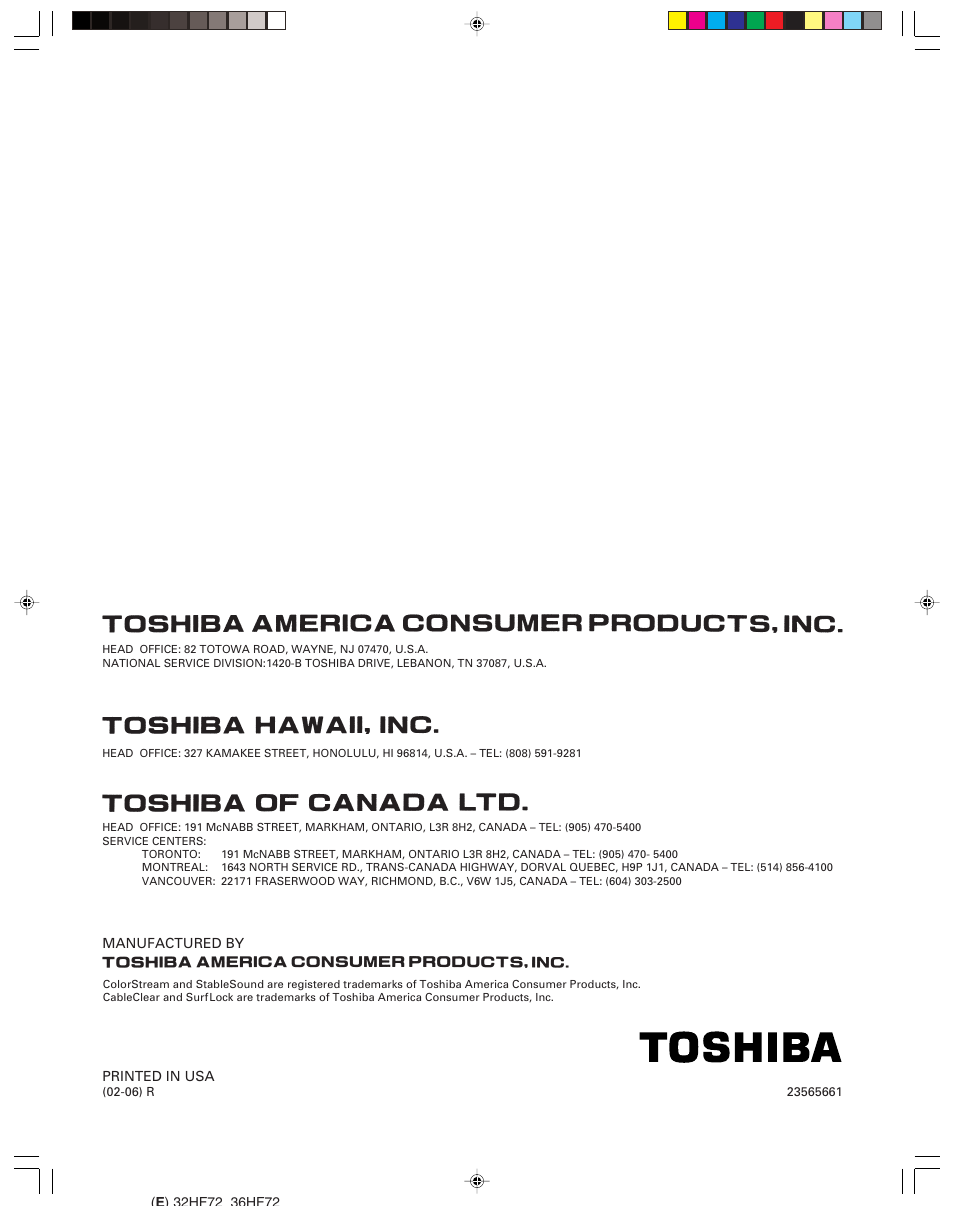 Back cover | Toshiba 32HF72 User Manual | Page 55 / 55