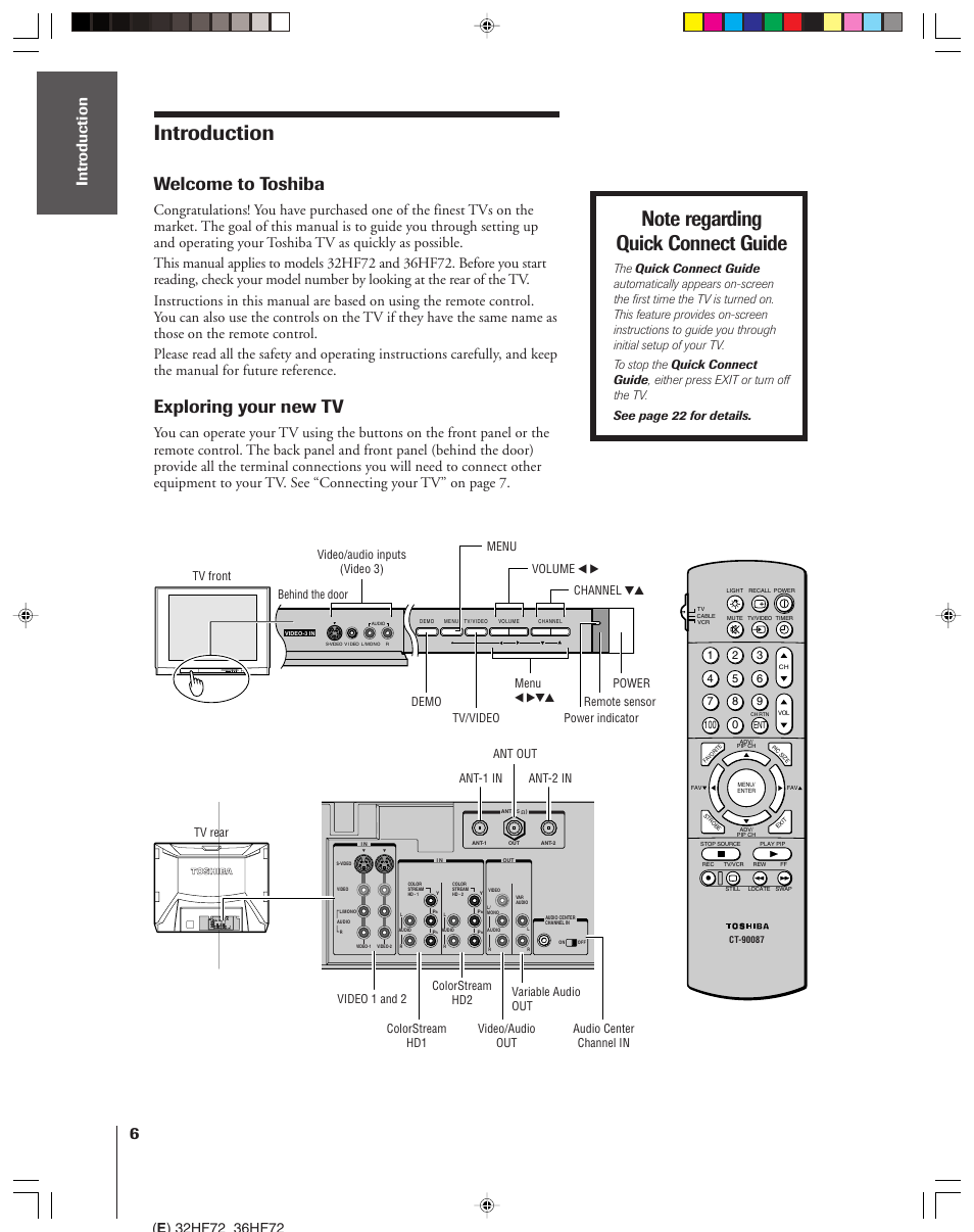 Introduction, Welcome to toshiba, Exploring your new tv | Toshiba 32HF72 User Manual | Page 6 / 55