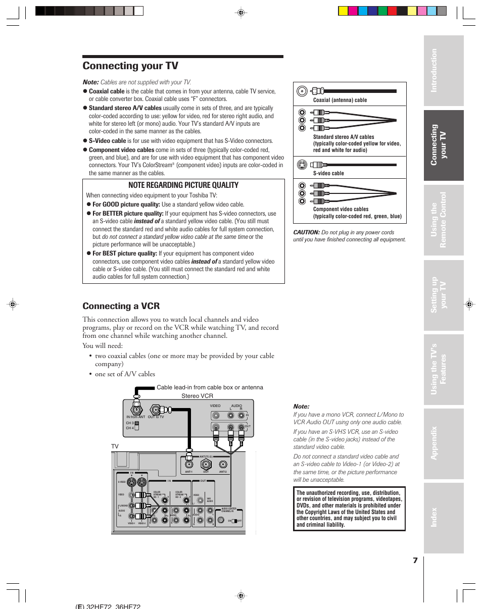 Connecting your tv, Connecting a vcr | Toshiba 32HF72 User Manual | Page 7 / 55