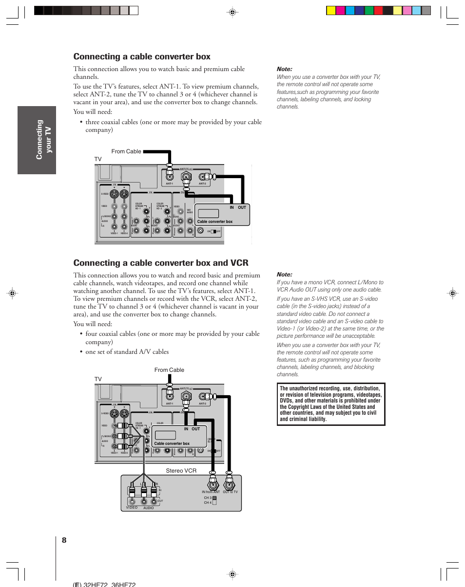 Cable converter box and vcr, Connecting a cable converter box, Connecting a cable converter box and vcr | Toshiba 32HF72 User Manual | Page 8 / 55