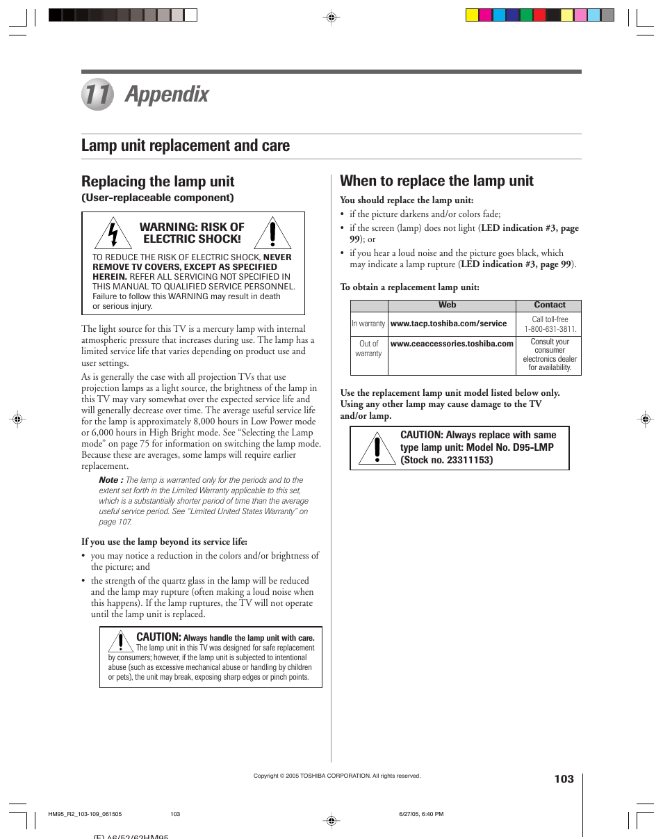 Appendix, Lamp unit replacement and care, Replacing the lamp unit | When to replace the lamp unit | Toshiba 46HM95 User Manual | Page 103 / 112