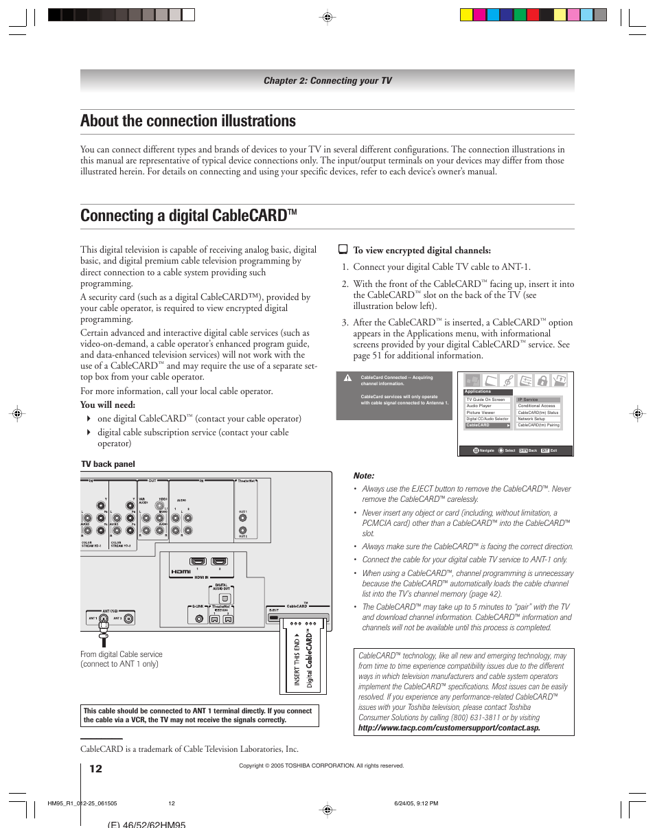 About the connection illustrations, Connecting a digital cablecard | Toshiba 46HM95 User Manual | Page 12 / 112