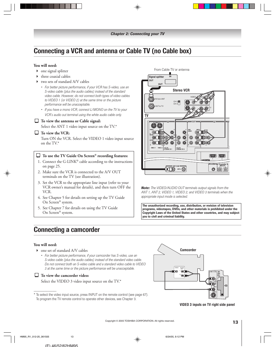 Connecting a camcorder | Toshiba 46HM95 User Manual | Page 13 / 112