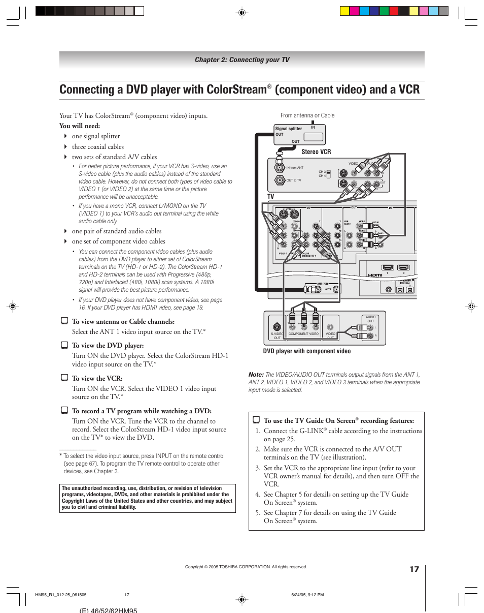 Connecting a dvd player with colorstream, Component video) and a vcr, Your tv has colorstream | Recording features: 1. connect the g-link, System | Toshiba 46HM95 User Manual | Page 17 / 112