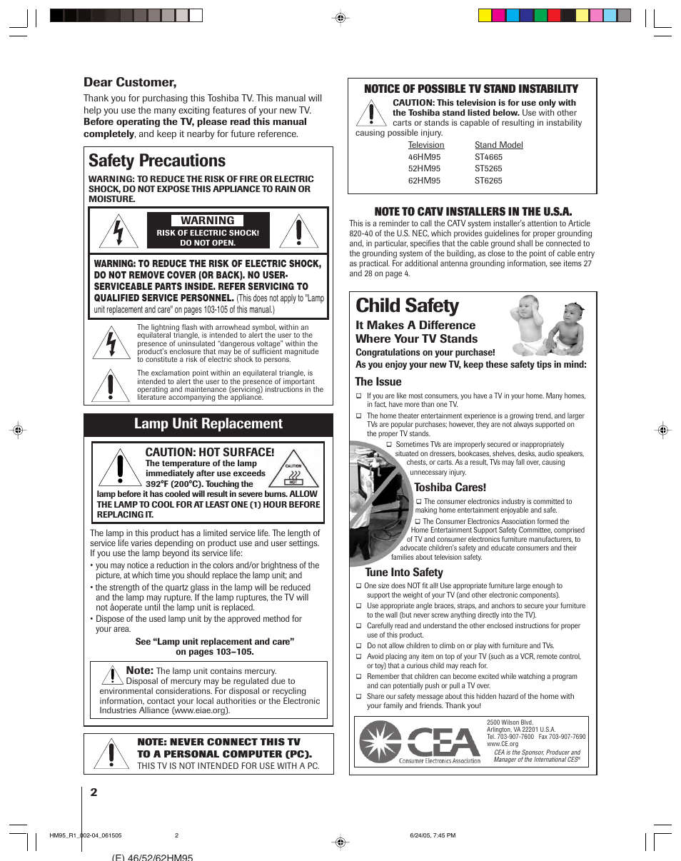 Child safety, Safety precautions, Lamp unit replacement | Dear customer, It makes a difference where your tv stands, The issue, Toshiba cares, Tune into safety, Notice of possible tv stand instability, Caution: hot surface | Toshiba 46HM95 User Manual | Page 2 / 112