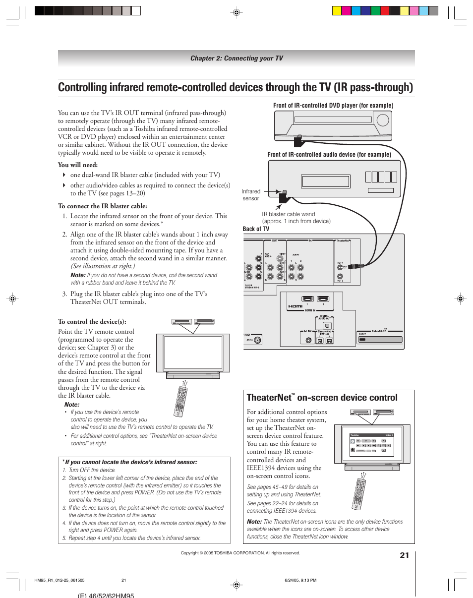 Theaternet, On-screen device control | Toshiba 46HM95 User Manual | Page 21 / 112