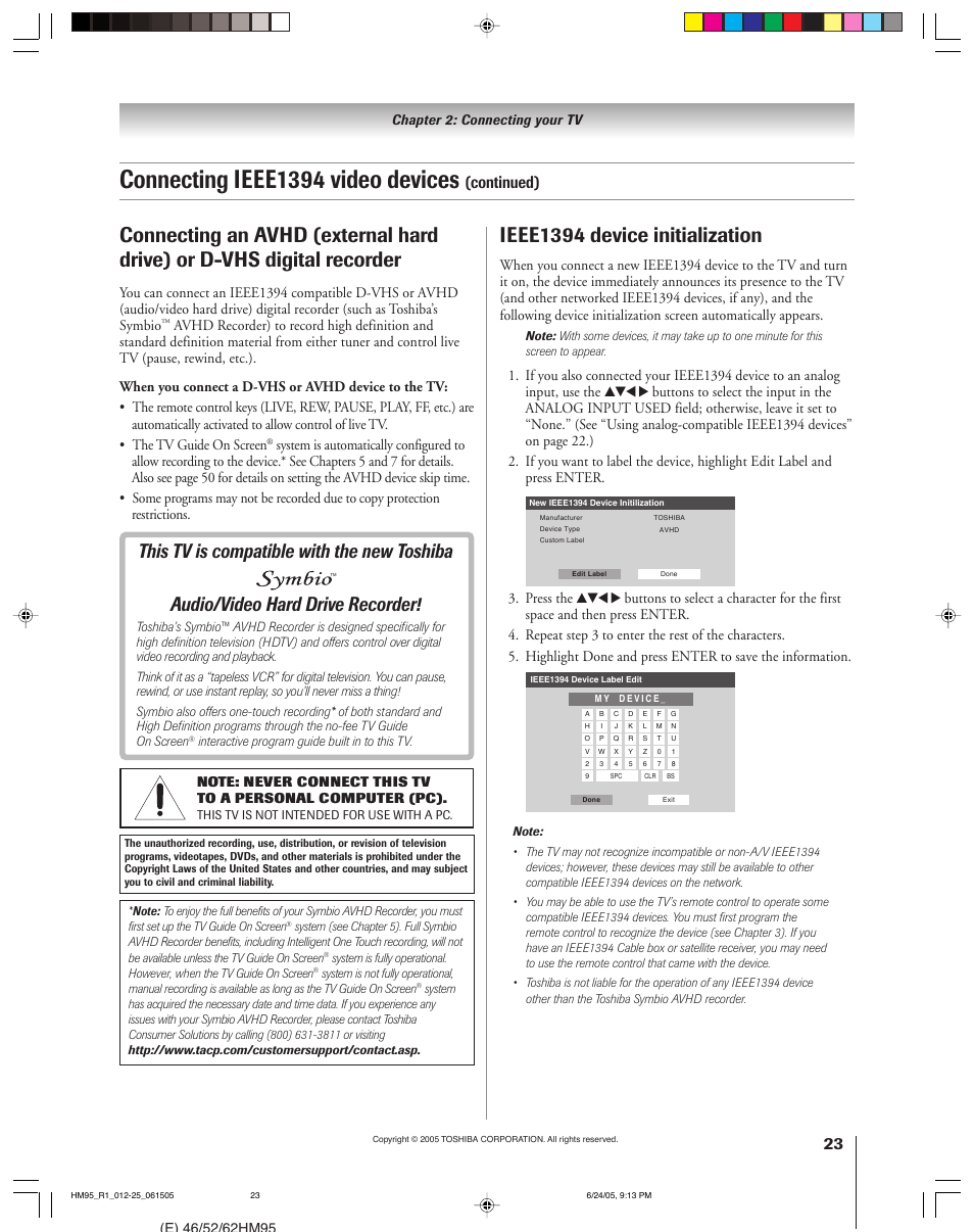 Connecting ieee1394 video devices, Ieee1394 device initialization, Continued) | Press the | Toshiba 46HM95 User Manual | Page 23 / 112