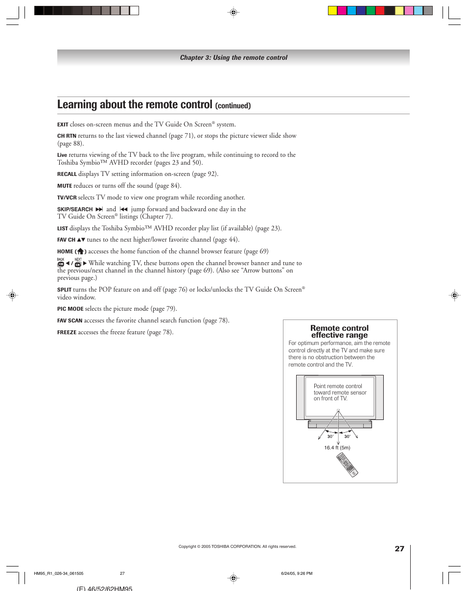 Learning about the remote control, Continued) remote control effective range | Toshiba 46HM95 User Manual | Page 27 / 112