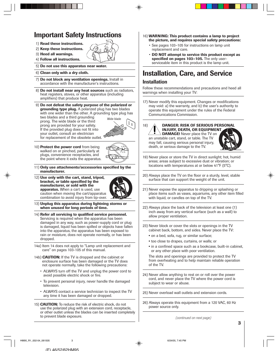 Installation, care, and service, Important safety instructions, Installation | Toshiba 46HM95 User Manual | Page 3 / 112