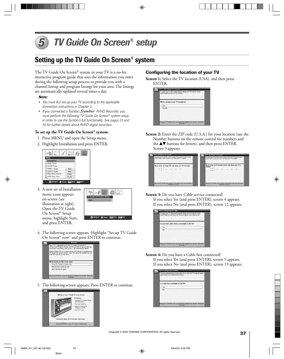 Tv guide on screen, Setup, Setting up the tv guide on screen | System, Configuring the location of your tv | Toshiba 46HM95 User Manual | Page 37 / 112