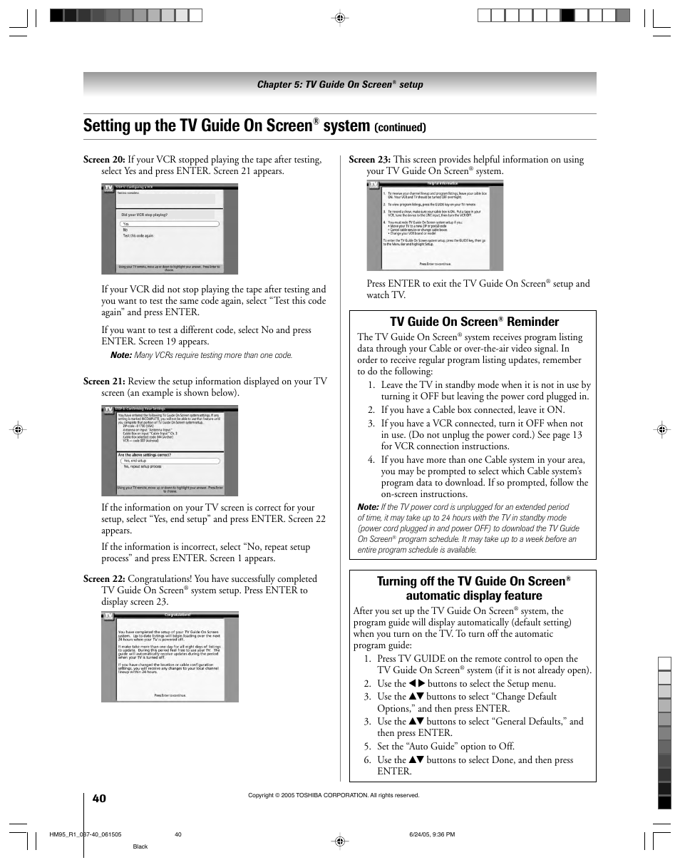 Setting up the tv guide on screen, System, Tv guide on screen | Reminder, Turning off the tv guide on screen, Automatic display feature | Toshiba 46HM95 User Manual | Page 40 / 112