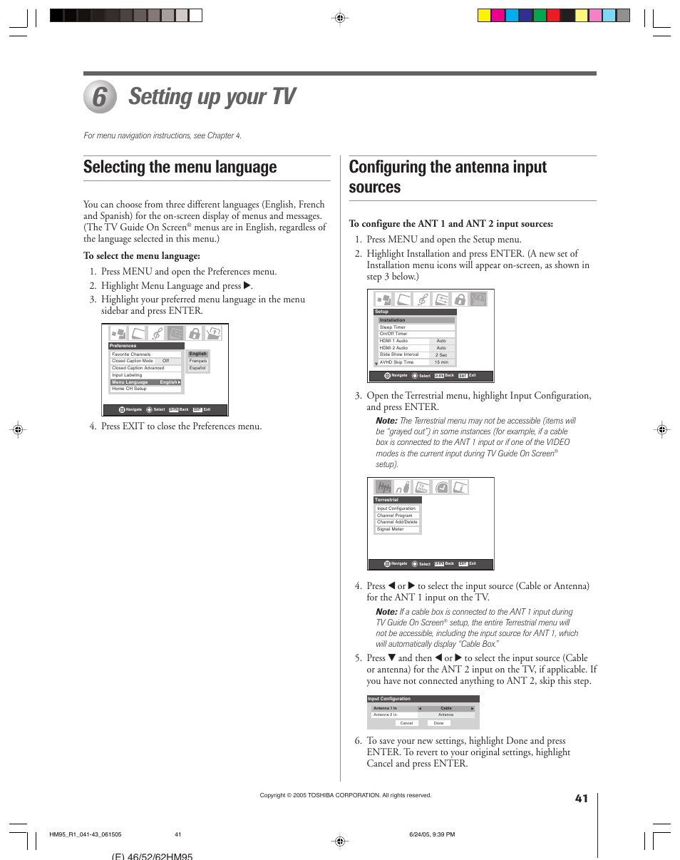 Setting up your tv, Selecting the menu language, Configuring the antenna input sources | Press exit to close the preferences menu | Toshiba 46HM95 User Manual | Page 41 / 112