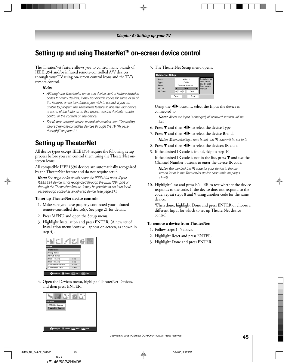 Setting up theaternet, The theaternet setup menu opens | Toshiba 46HM95 User Manual | Page 45 / 112