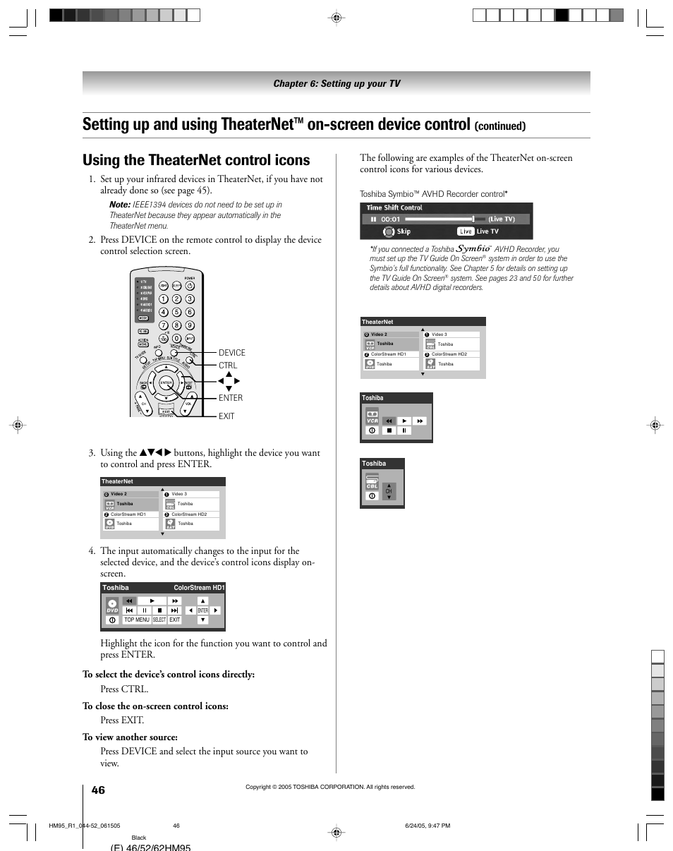 Using the theaternet control icons, Continued) | Toshiba 46HM95 User Manual | Page 46 / 112