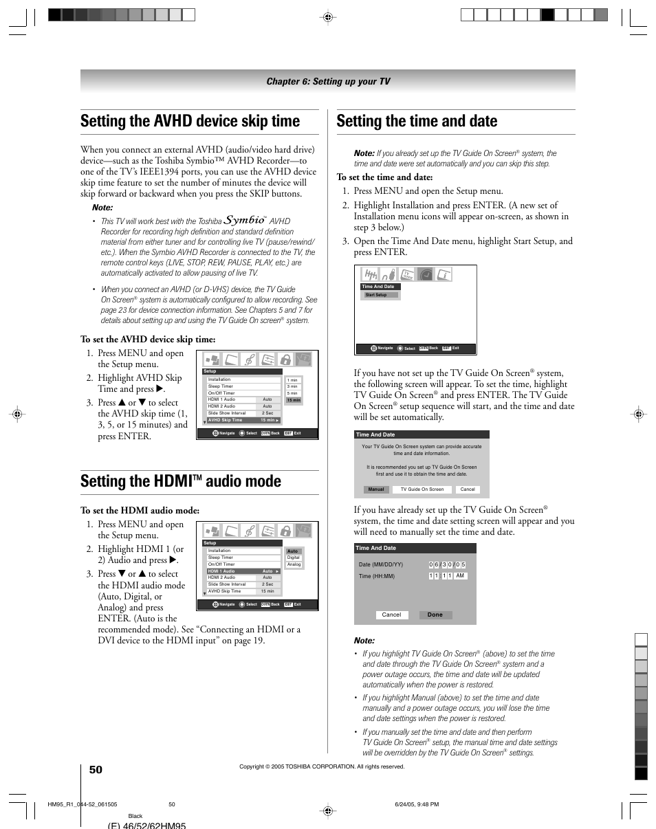 Setting the avhd device skip time, Setting the hdmi™ audio mode, Setting the time and date | If you have not set up the tv guide on screen, And press enter. the tv guide on screen, If you have already set up the tv guide on screen, Chapter 6: setting up your tv | Toshiba 46HM95 User Manual | Page 50 / 112