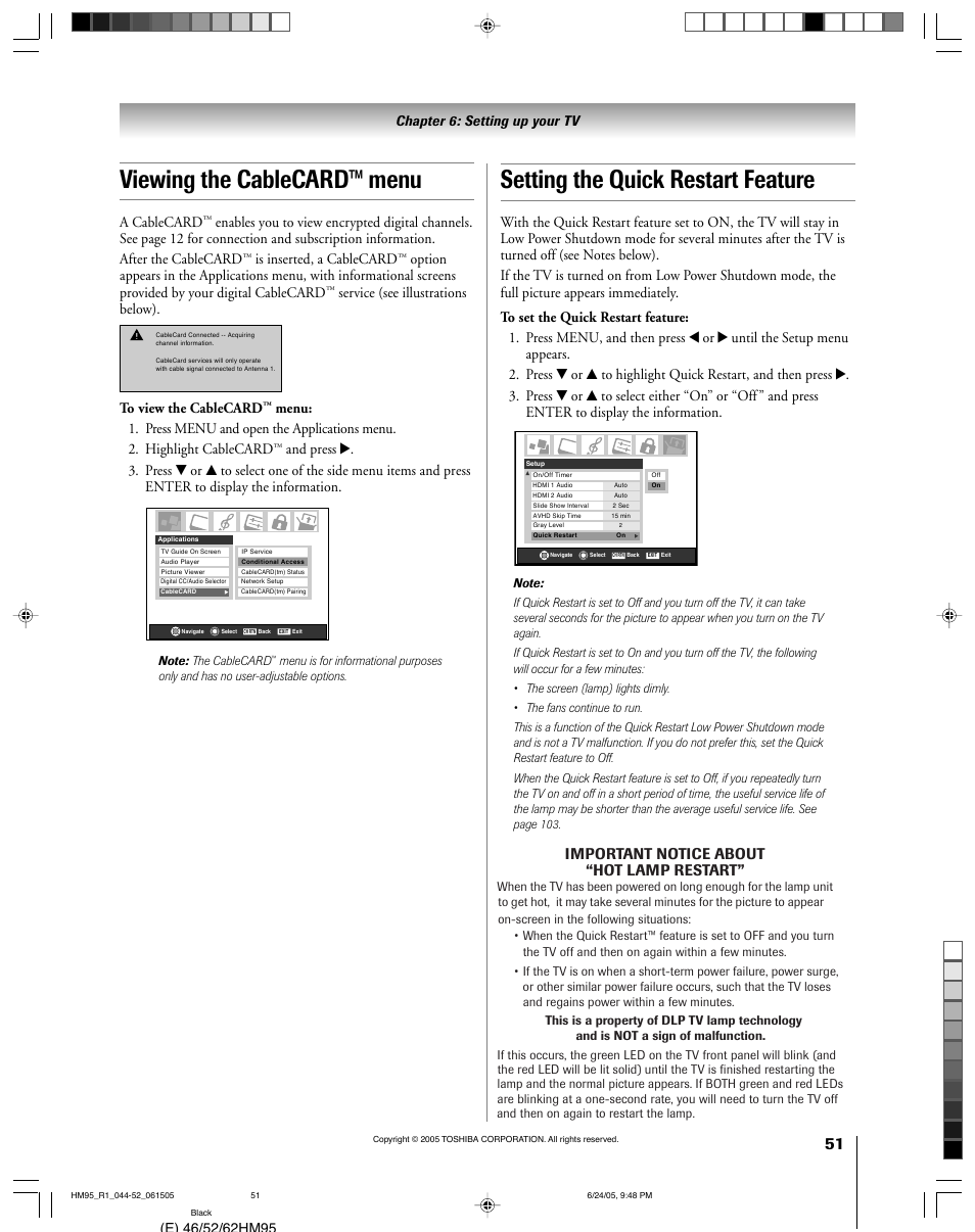 Viewing the cablecard™ menu, Setting the quick restart feature, Important notice about “hot lamp restart | A cablecard, Is inserted, a cablecard, Service (see illustrations below) | Toshiba 46HM95 User Manual | Page 51 / 112