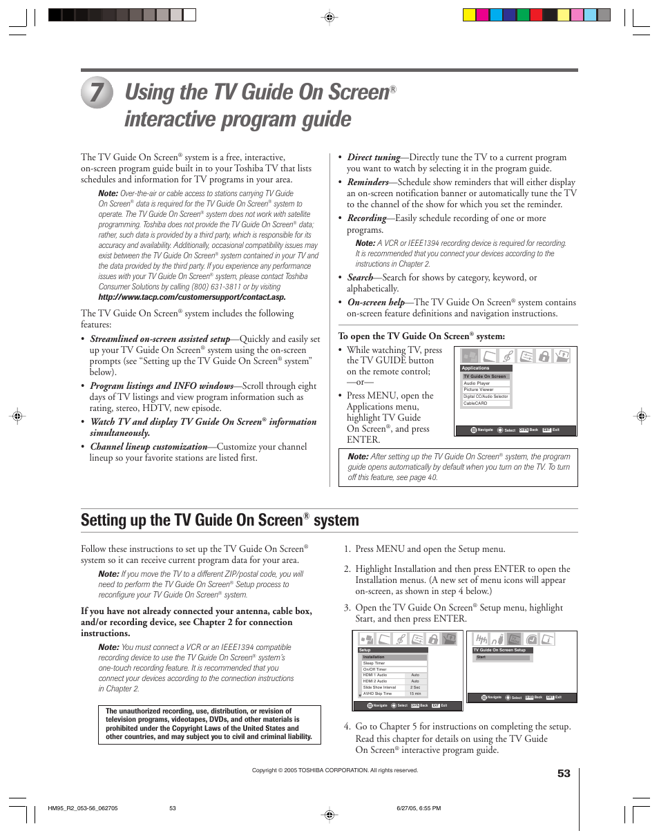 Using the tv guide on screen, Interactive program guide, Setting up the tv guide on screen | System | Toshiba 46HM95 User Manual | Page 53 / 112