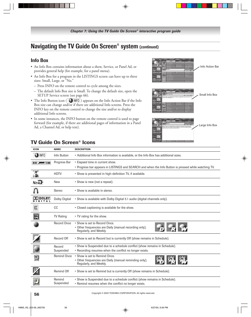 Navigating the tv guide on screen, System, Tv guide on screen | Icons, Info box | Toshiba 46HM95 User Manual | Page 56 / 112