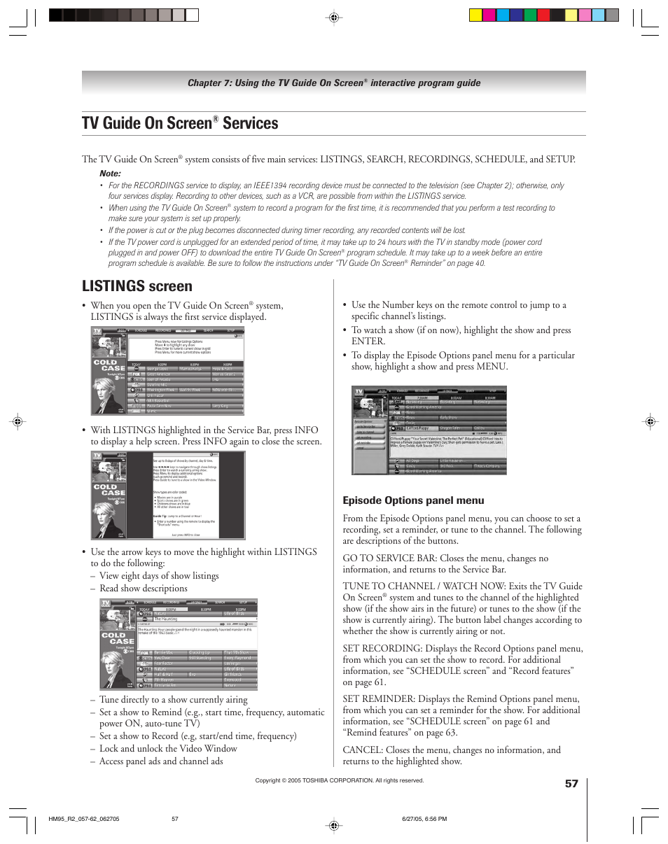 Tv guide on screen, Services, Listings screen | Toshiba 46HM95 User Manual | Page 57 / 112