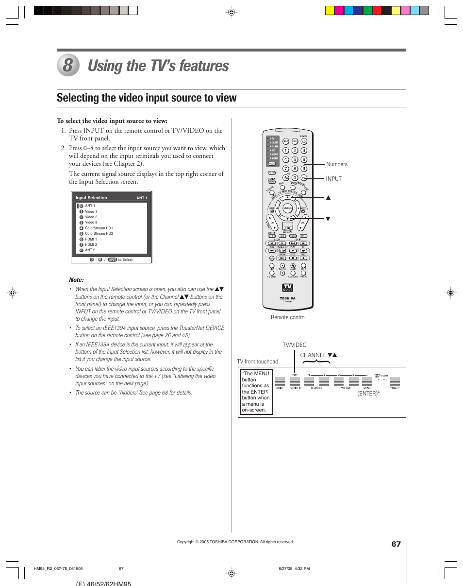 Using the tv’s features, Selecting the video input source to view | Toshiba 46HM95 User Manual | Page 67 / 112