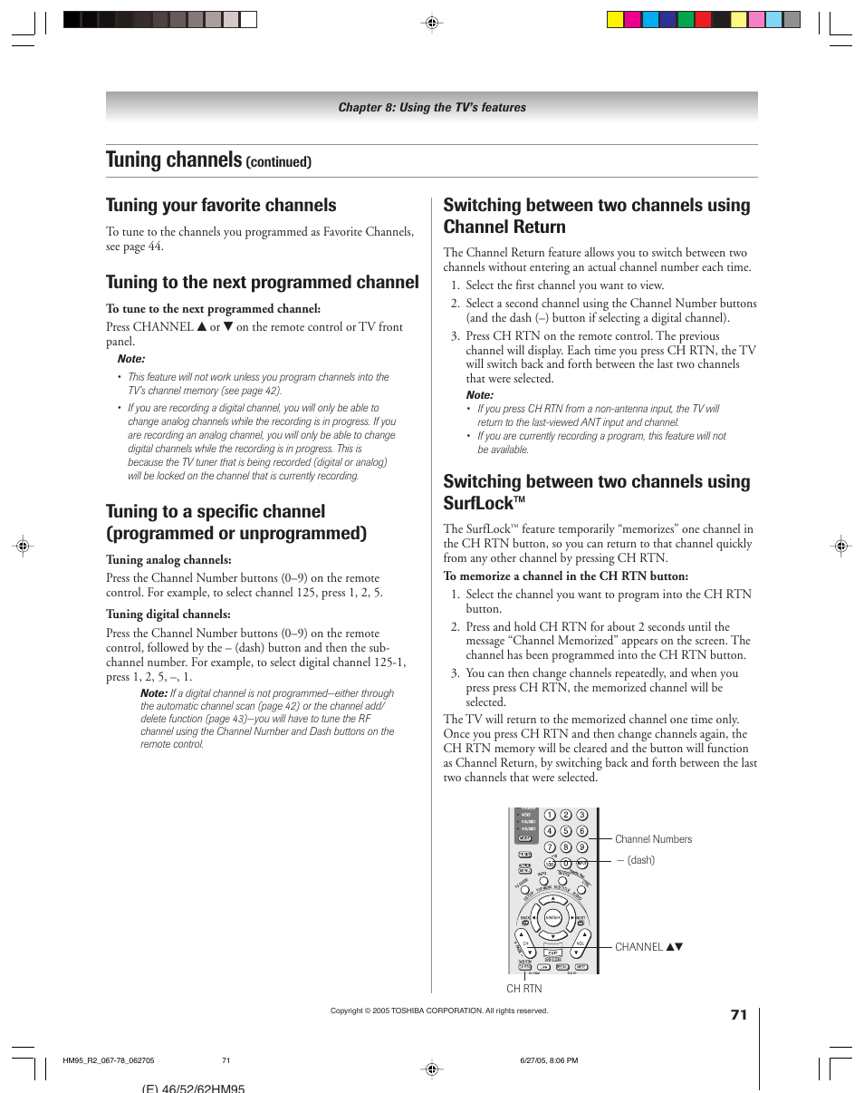 Tuning channels, Tuning your favorite channels, Tuning to the next programmed channel | Switching between two channels using surflock | Toshiba 46HM95 User Manual | Page 71 / 112