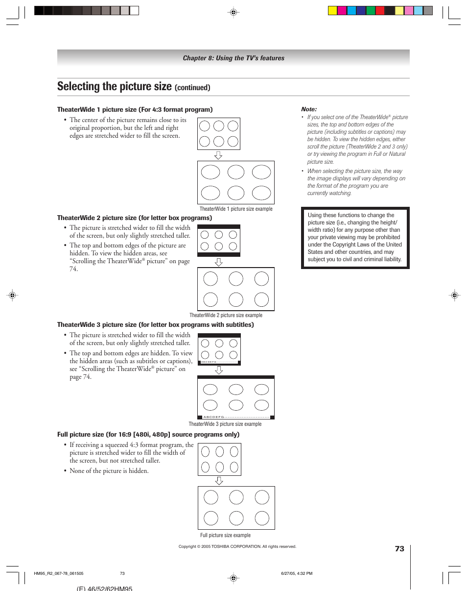 Selecting the picture size, Continued) | Toshiba 46HM95 User Manual | Page 73 / 112