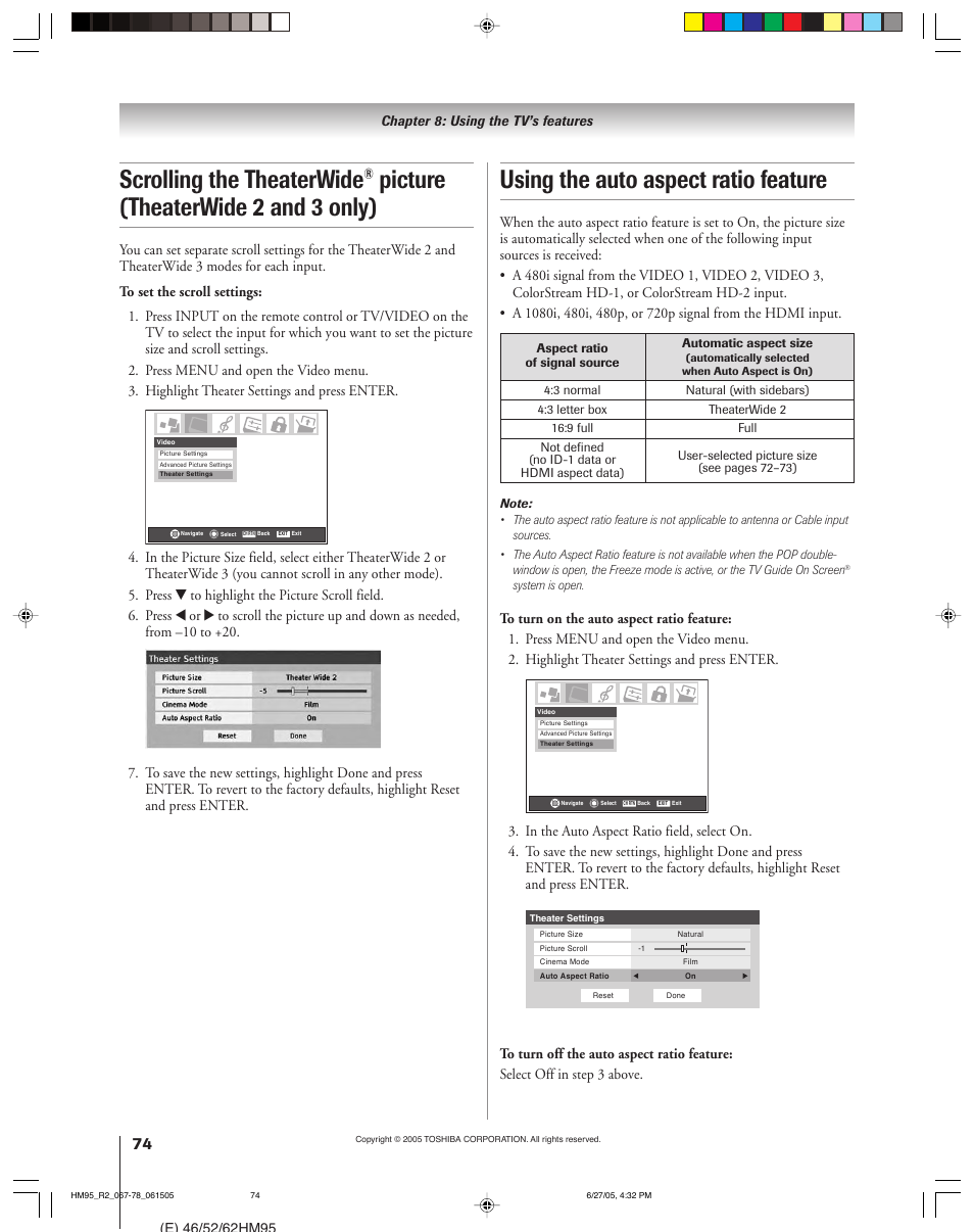 Using the auto aspect ratio feature, Scrolling the theaterwide, Picture (theaterwide 2 and 3 only) | Toshiba 46HM95 User Manual | Page 74 / 112