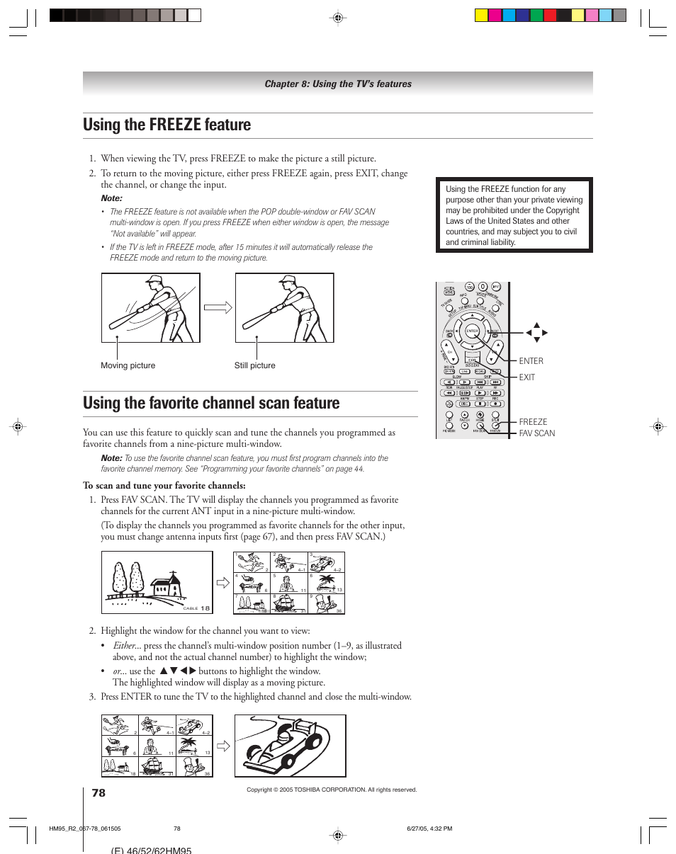 Using the favorite channel scan feature, Using the freeze feature | Toshiba 46HM95 User Manual | Page 78 / 112