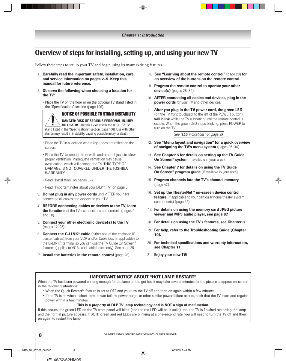 Notice of possible tv stand instability | Toshiba 46HM95 User Manual | Page 8 / 112