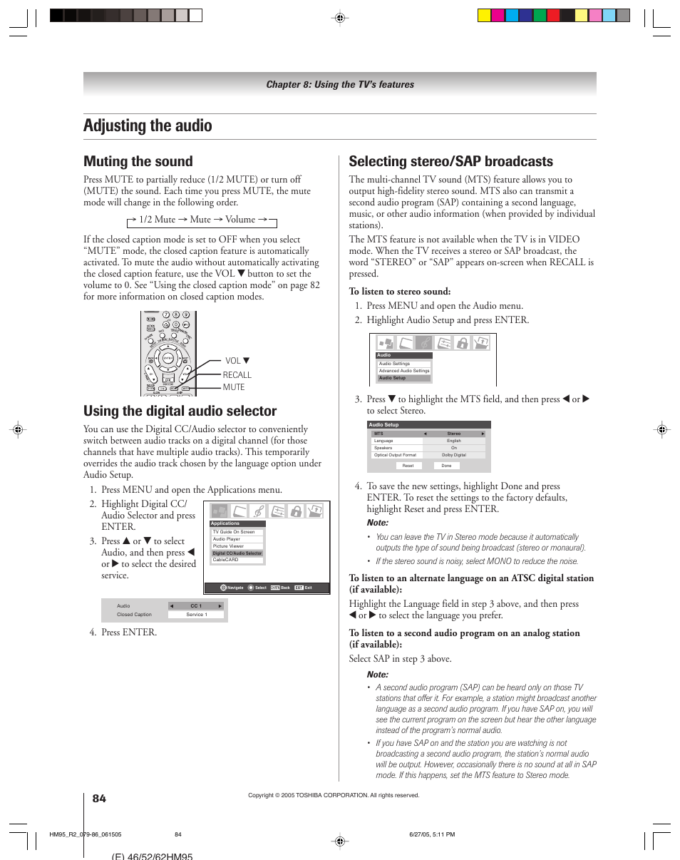 Adjusting the audio, Muting the sound, Selecting stereo/sap broadcasts | Using the digital audio selector, Press enter | Toshiba 46HM95 User Manual | Page 84 / 112