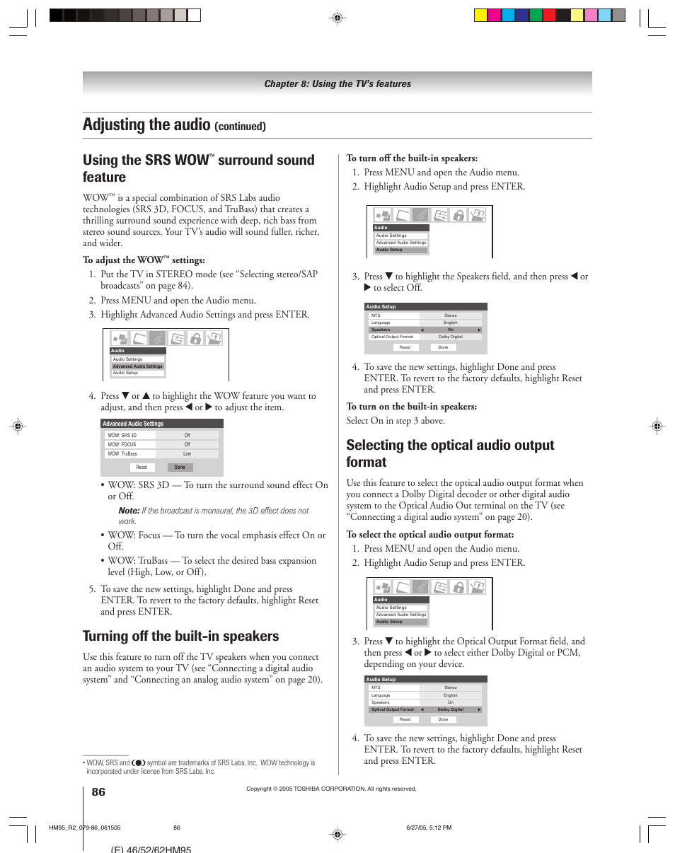 Adjusting the audio, Using the srs wow, Surround sound feature | Turning off the built-in speakers, Selecting the optical audio output format, Continued) | Toshiba 46HM95 User Manual | Page 86 / 112