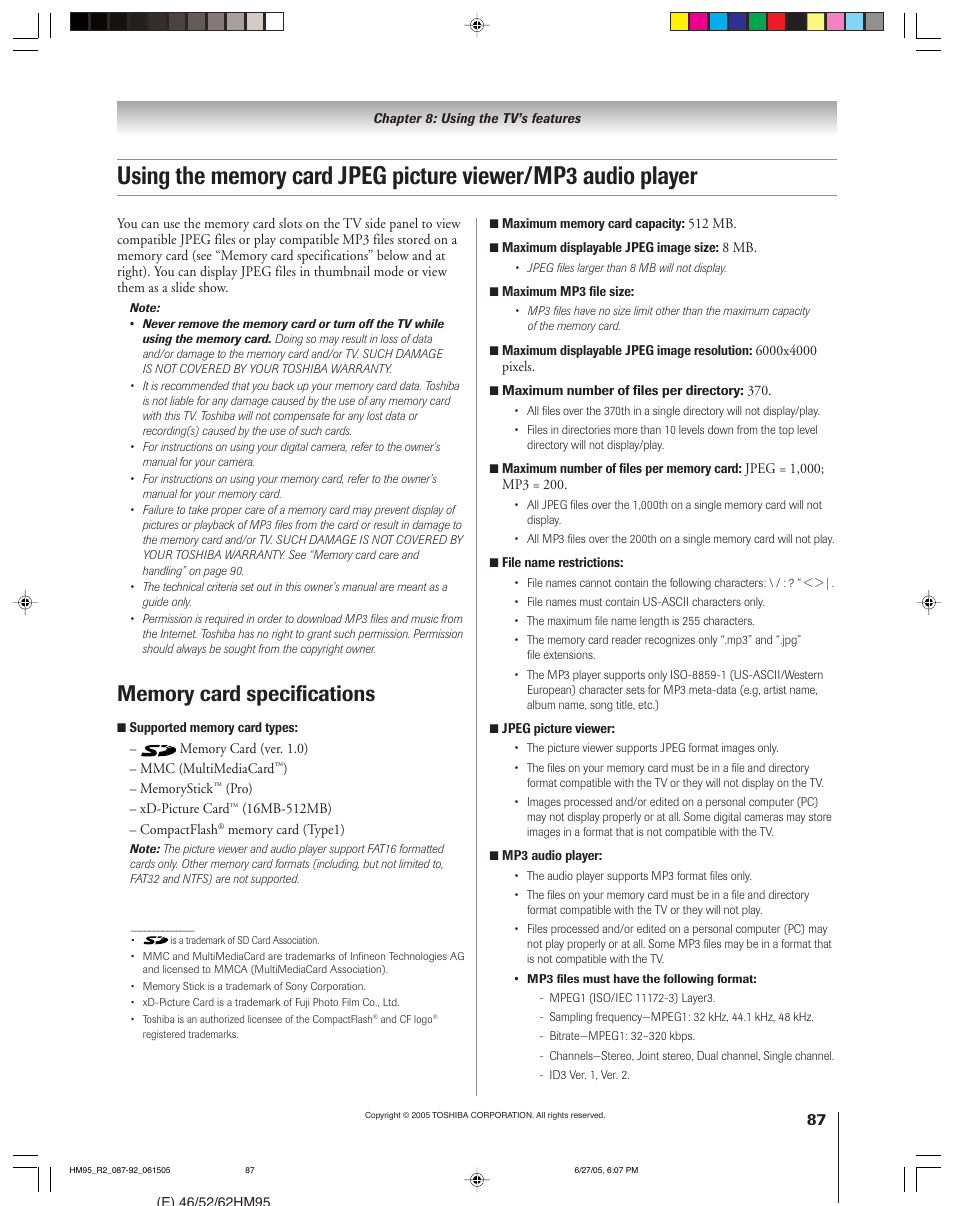 Toshiba 46HM95 User Manual | Page 87 / 112