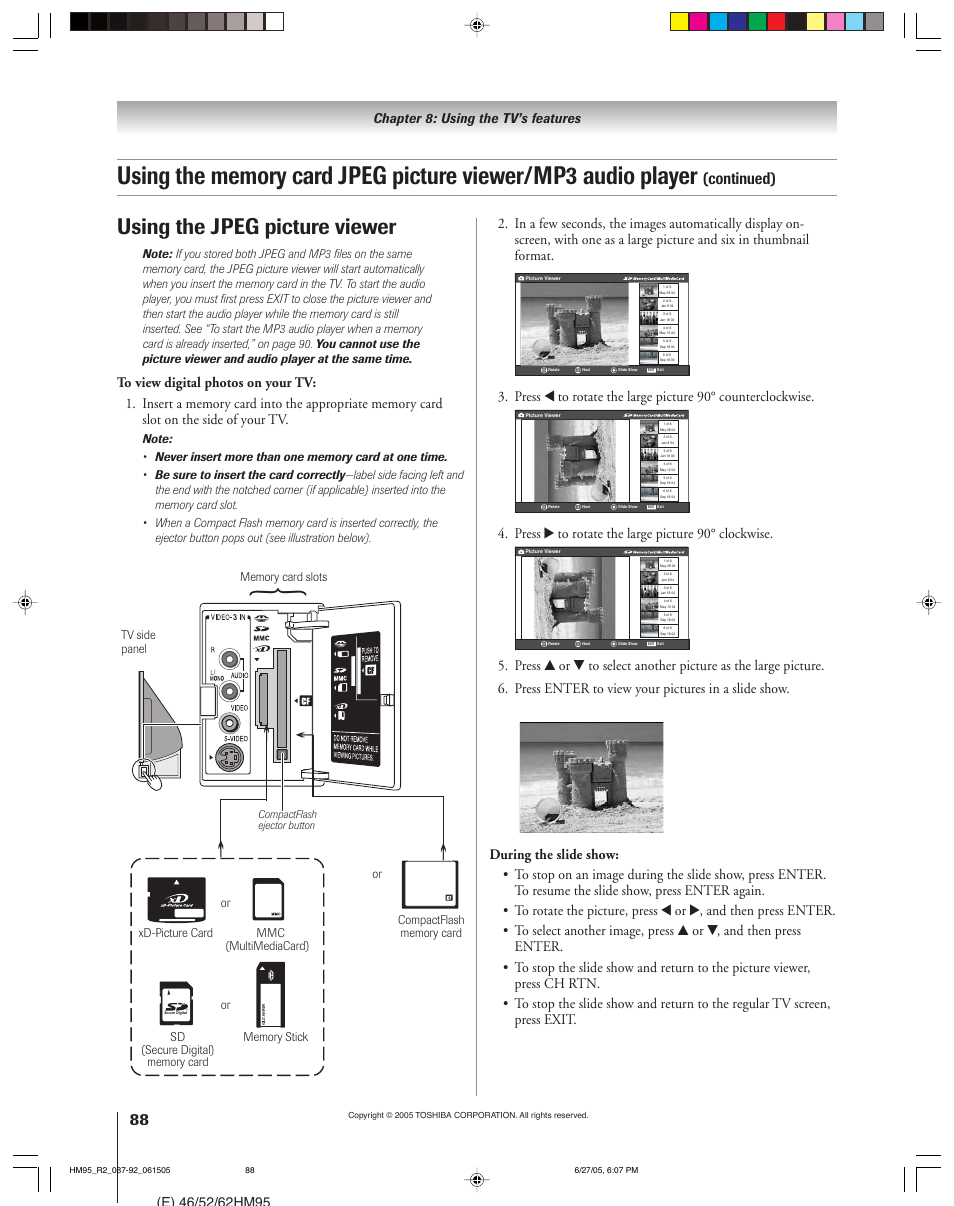Using the jpeg picture viewer, Continued), Press • to rotate the large picture 90° clockwise | Chapter 8: using the tv’s features | Toshiba 46HM95 User Manual | Page 88 / 112