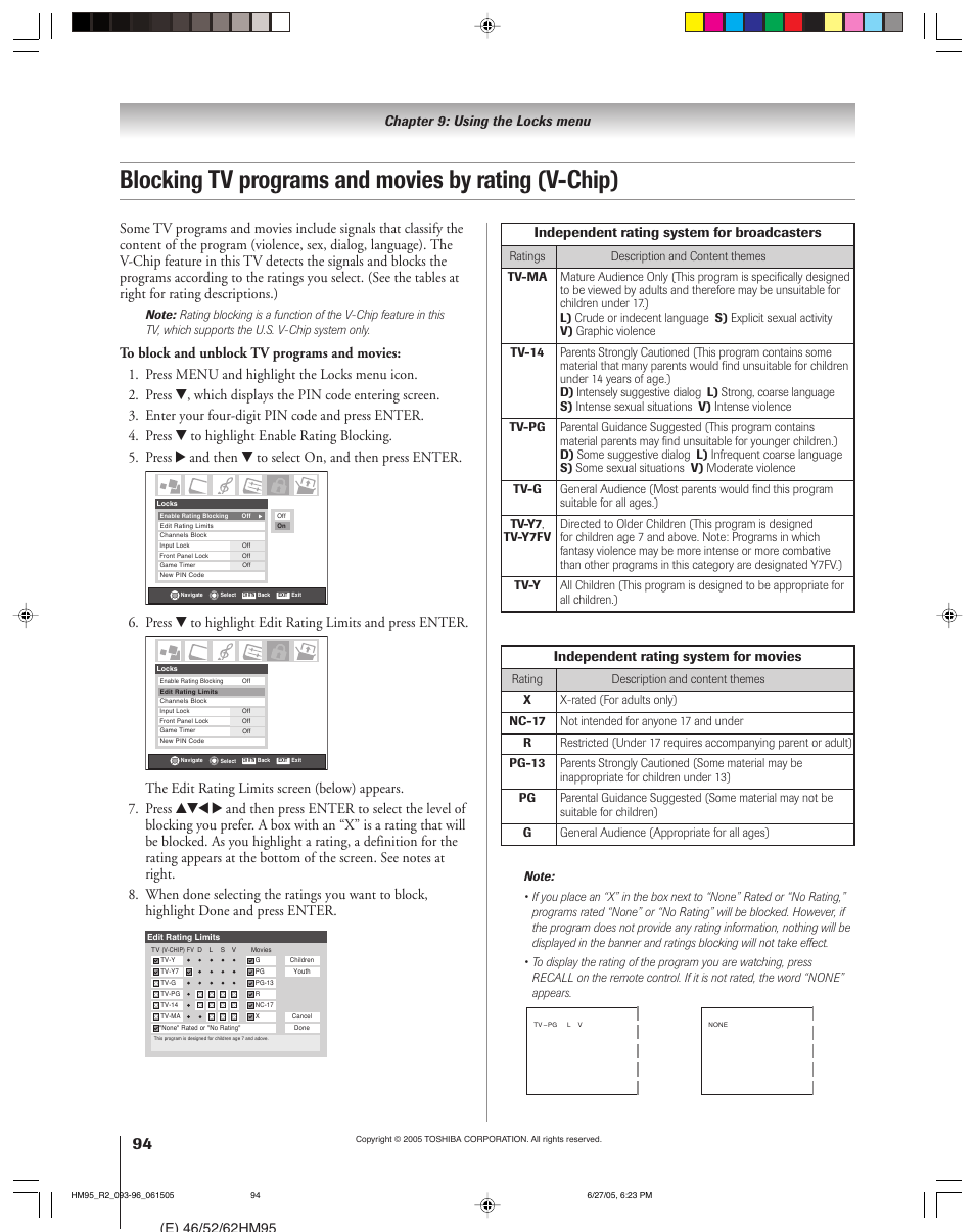 Blocking tv programs and movies by rating (v-chip), Chapter 9: using the locks menu, Independent rating system for broadcasters | Independent rating system for movies | Toshiba 46HM95 User Manual | Page 94 / 112