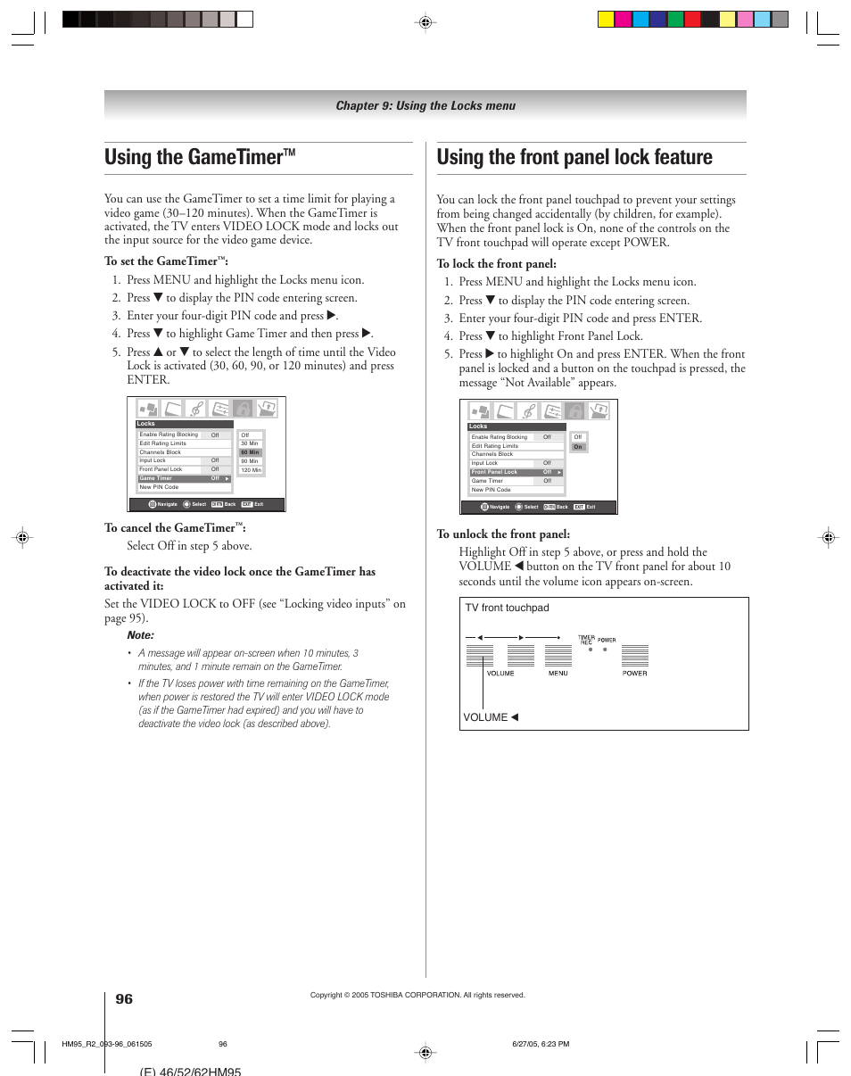 Using the gametimer, Using the front panel lock feature | Toshiba 46HM95 User Manual | Page 96 / 112