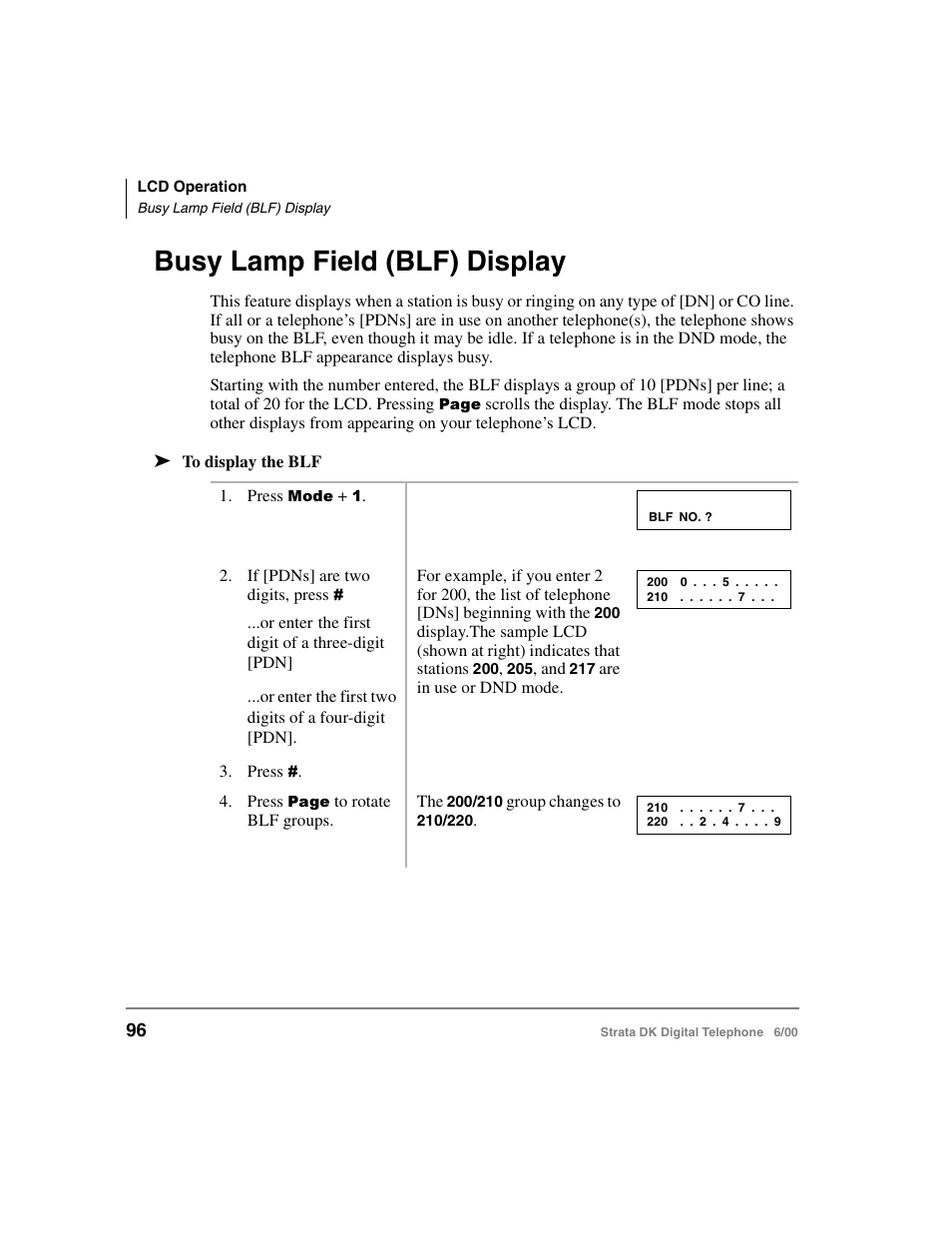 Busy lamp field (blf) display | Toshiba Strata DK 2000-series User Manual | Page 108 / 164