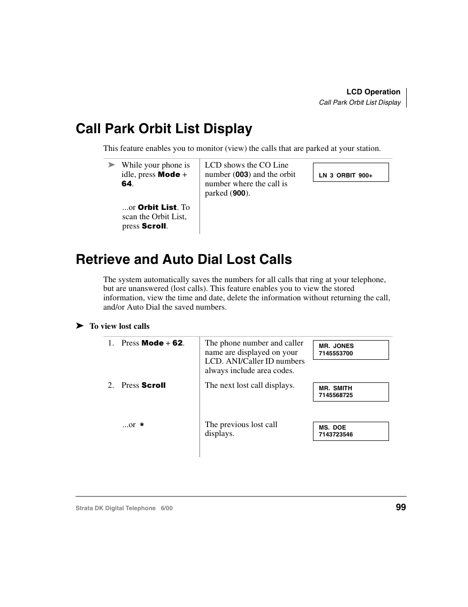 Call park orbit list display, Retrieve and auto dial lost calls, T (see | Toshiba Strata DK 2000-series User Manual | Page 111 / 164