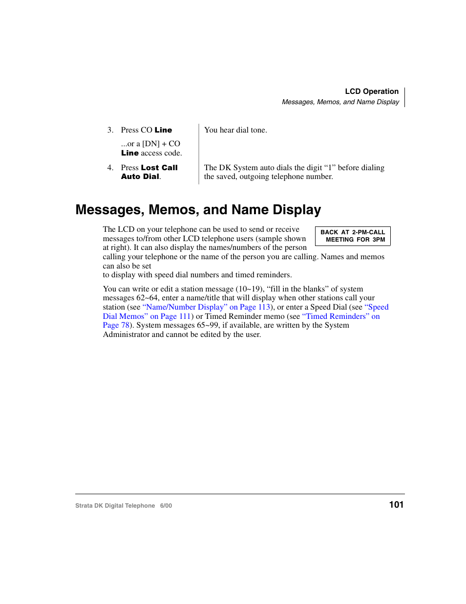 Messages, memos, and name display, Messages, memos, and | Toshiba Strata DK 2000-series User Manual | Page 113 / 164