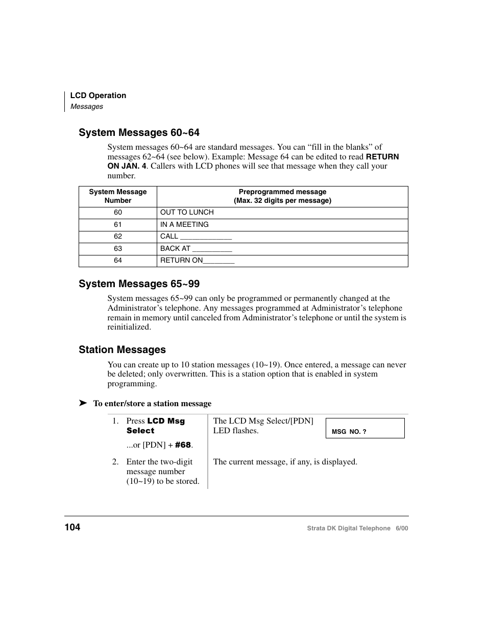 System messages 60~64, System messages 65~99, Station messages | Toshiba Strata DK 2000-series User Manual | Page 116 / 164