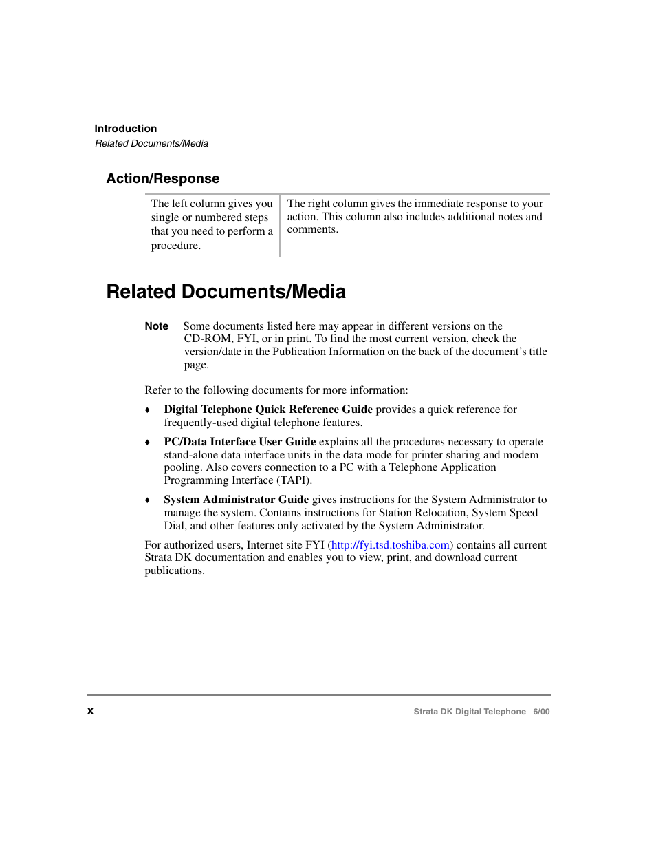 Action/response, Related documents/media | Toshiba Strata DK 2000-series User Manual | Page 12 / 164