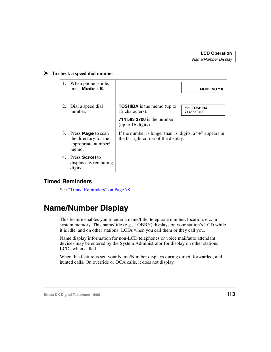 Timed reminders, Name/number display | Toshiba Strata DK 2000-series User Manual | Page 125 / 164